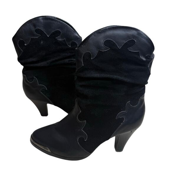 VINTAGE NEDWEST Women's Size 8 Slouchy Leather Heeled Cowgirl Boots Black Flames - Picture 1 of 14